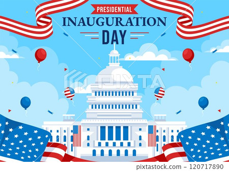 USA Presidential Inauguration Day Vector Illustration on January 20 Featuring the Capitol Building in Washington D.C. and the American Flag Design USA Presidential Inauguration Day Vector Illustration on January 20 Featuring the Capitol Building in Washington D.C. and the American Flag Design 120717890
