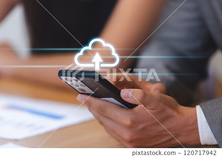 Technology network cloud concept. Smartphone with cloud storage online and connect wireless information. Digital data computing server services transfer. 120717942