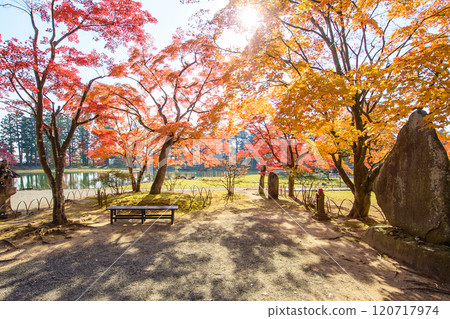 Autumn at Motsuji Temple, a special scenic spot: View of the Pure Land garden from the Jodo Hall, Iwate Prefecture 120717974