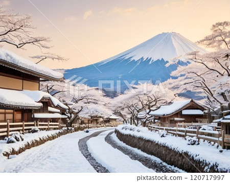 Mt. Fuji and the cityscape at dusk in winter 120717997