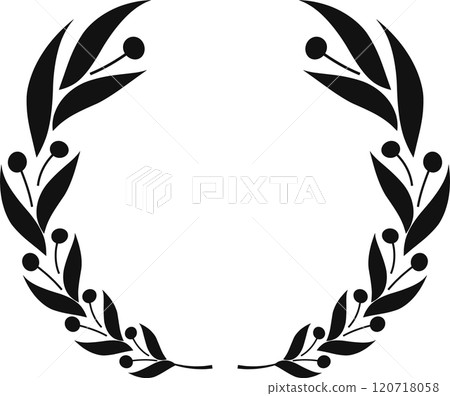 Symmetrical black and white laurel wreath creating a circular frame, adorned with berries and leaves, ideal for awards, logos, or decorative elements 120718058