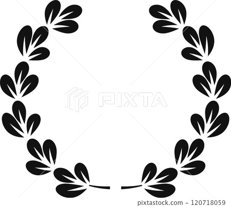 Symmetrical arrangement of stylized laurel leaves creating a circular frame, suitable for awards, emblems, or decorative purposes, embodying concepts of victory, honor, and achievement 120718059