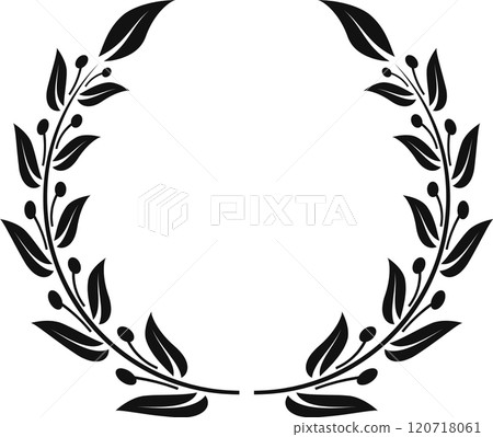Symmetrical black and white laurel wreath creating a circular frame, featuring detailed leaves and berries, suitable for various design and decorative purposes 120718061