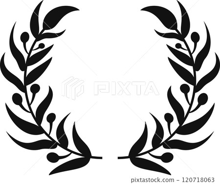 Symmetrical decorative element featuring two olive branches forming a circle, adorned with berries and leaves, creating a classic laurel wreath design 120718063