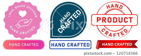 Hand-crafted product handmade craftsman packaging manually stamp colorful badges emblem sticker label banner ribbon heart love hand sign logo design icon set collection 120718366