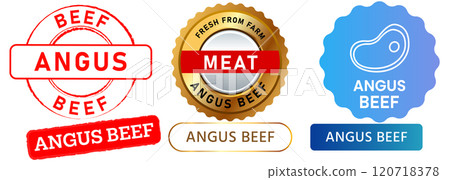 Angus beef meat natural healthy farm product protein cow farm butchery fresh premium stamp colorful badges logo label banner emblem medal design icon set collection 120718378