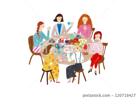 婦女圍著桌子吃飯的手繪插圖 婦女圍著桌子吃飯的手繪插圖 120718427