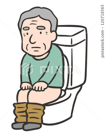 An elderly man sitting on the toilet and defecating 120718565