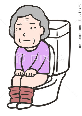 An elderly woman sitting on the toilet and defecating 120718570