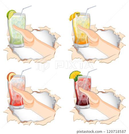 Refreshing Beverages in Hand Illustrations Refreshing Beverages in Hand Illustrations 120718587