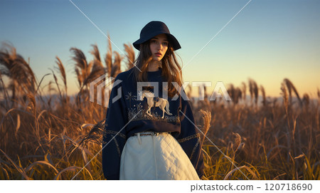 Beautiful woman in the grassland illuminated by the setting sun 120718690