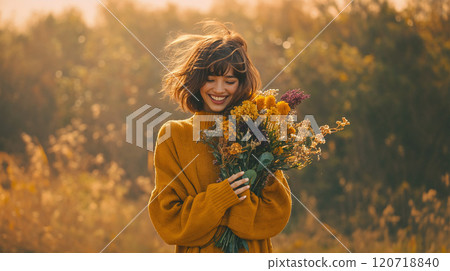 Happy woman holding flowers in nature 120718840