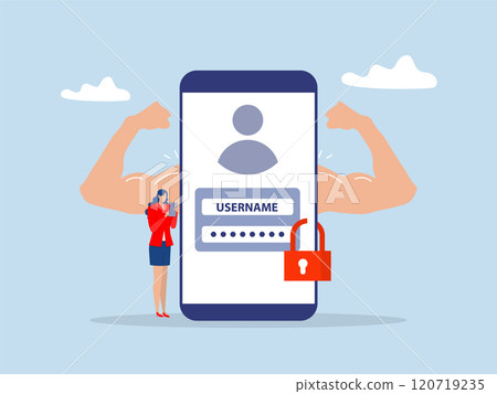 Businesswoman using mobile strong password protection.security, safety or protection strength, firewall technology,privacy or digital defense system Strong password concept 120719235