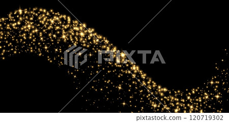 Golden stars and sparkles, magic star dust background, light effect with flares. 120719302