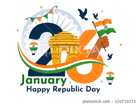 Happy India Republic Day Vector Illustration on 26 January Featuring the Indian Flag and India Gate in a National Holiday Celebration Flat Background 120719373