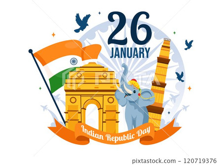 Happy India Republic Day Vector Illustration on 26 January Featuring the Indian Flag and India Gate in a National Holiday Celebration Flat Background 120719376