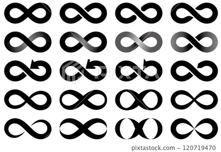 Vector illustration set of infinity in various shapes, infinity symbol, and Moebius strip 120719470