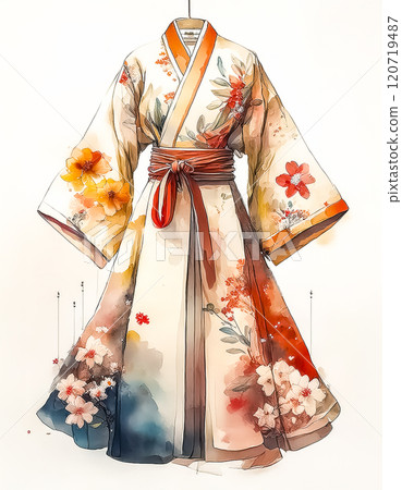 Kimono design image material Orange Light blue 120719487