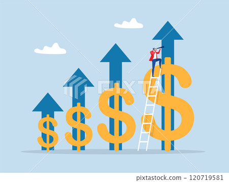 businessman use binoculars with growth dollar sign on growing chart.Increase revenue, income or wealth management growing investment asset concept vector 120719581