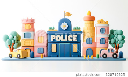 擁有色彩繽紛的警察局的城鎮圖像的 3D 插圖 120719625