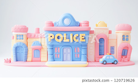 擁有色彩繽紛的警察局的城鎮圖像的 3D 插圖 120719626