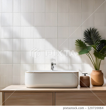 Minimalist style bathroom, modern white and white floor, with simple, clean lines. 120720064