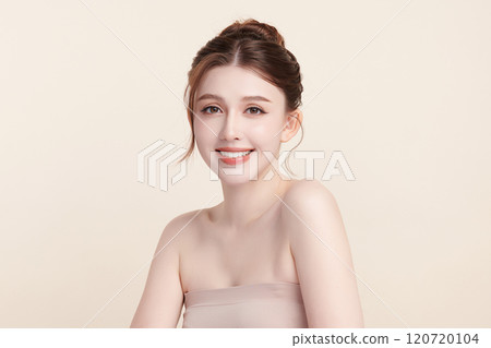 Beautiful young asian woman with clean fresh skin on beige background, Face care, Facial treatment, Cosmetology, beauty and spa, Asian women portrait. 120720104