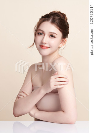 Beautiful young asian woman with clean fresh skin on beige background, Face care, Facial treatment, Cosmetology, beauty and spa, Asian women portrait. 120720114