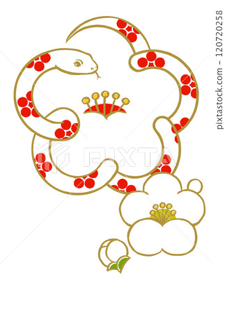 A white plum blossom with a gold outline of a white snake in the plum blossom motif, with small white plum blossoms and buds, brush-drawn and matte-painted 120720258