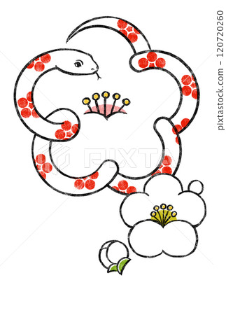 A white plum blossom with a red plum blossom motif and a white snake motif, with small white plum blossoms and buds, woodblock style 120720260