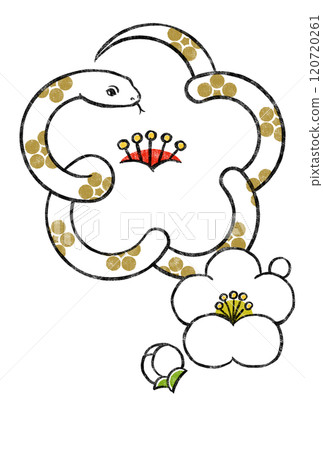 A white plum blossom with a golden plum blossom motif of a white snake and small white plum blossoms and buds in a woodblock print style A white plum blossom with a golden plum blossom motif of a white snake and small white plum blossoms and buds in a woodblock print style 120720261