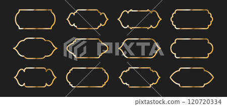 Set of Shape Islamic Windows. Golden Muslim frames isolated on dark background. Collection of arches in oriental style. Flat Vector illustration 120720334