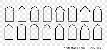 Islamic arch Windows. Indian architecture. Silhouettes of black Arabic door. Ramadan kareem frames. Traditional Vector illustration Islamic arch Windows. Indian architecture. Silhouettes of black Arabic door. Ramadan kareem frames. Traditional Vector illustration 120720339