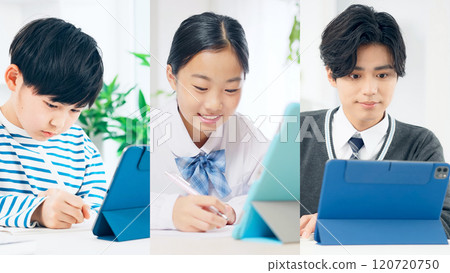小學生、國中生和高中生在平板電腦上學習的拼貼畫 小學生、國中生和高中生在平板電腦上學習的拼貼畫 120720750
