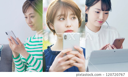 一群使用智慧型手機的女性的拼貼畫 120720767