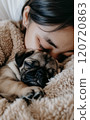 Pug puppy and Japanese girl sleeping together 120720863