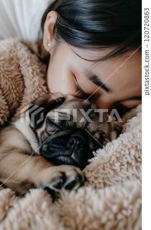 Pug puppy and Japanese girl sleeping together 120720863