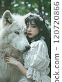 A giant white wolf and a Japanese woman in a white maid outfit 120720866