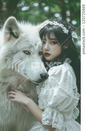 A giant white wolf and a Japanese woman in a white maid outfit A giant white wolf and a Japanese woman in a white maid outfit 120720866