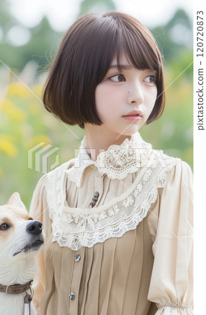 A woman in girly clothes and a Shiba Inu 120720873