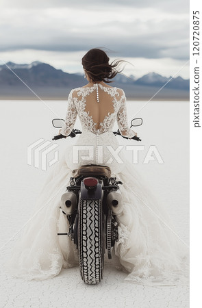 A woman in a wedding dress riding a motorbike in the desert 120720875