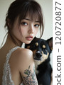 Tattooed Asian woman in wedding dress and Shiba Inu 120720877