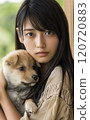 Shiba Inu puppy and young woman 120720883
