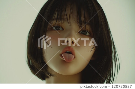 Japanese woman sticking out her tongue while looking down 120720887