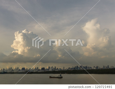 Beautiful Clouds in the Sky over Large Metropolitan City of Bangkok along Chao praya riverside with cargo ship. Beautiful Clouds in the Sky over Large Metropolitan City of Bangkok along Chao praya riverside with cargo ship. 120721491
