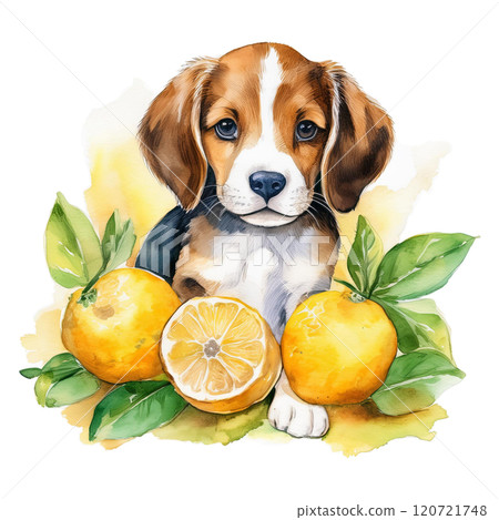 Watercolor illustration of a yuzu fruit and a beagle 1 / Material for flyers and posters 120721748