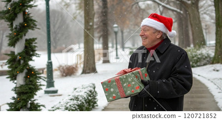Heartwarming Christmas Moment: Elderly Man with Gift in Snowy Park 120721852