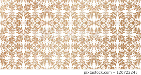 seamless pattern repetitive with floral ornament golden color isolated white backgrounds for knitted fabric textured, fabric printing, birthday invitations cover, wrapping paper, covering book element 120722243