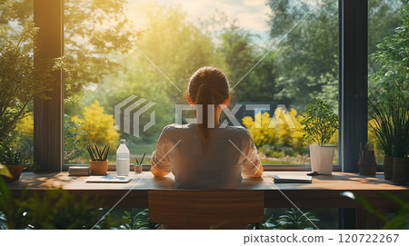 坐在辦公桌前的女人被大自然包圍 120722267