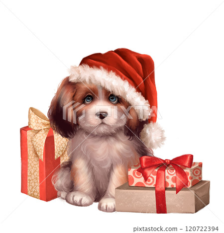 Cute fluffy white dog and gift boxes. Hand drawn Christmas illustration Cute fluffy white dog and gift boxes. Hand drawn Christmas illustration 120722394